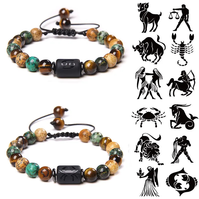 12 Zodiac Signs Constellation Bracelet Natural Picture Turquois Tiger Eye Stone Woven Bracelet Jewelry for Women Man Couple Gift