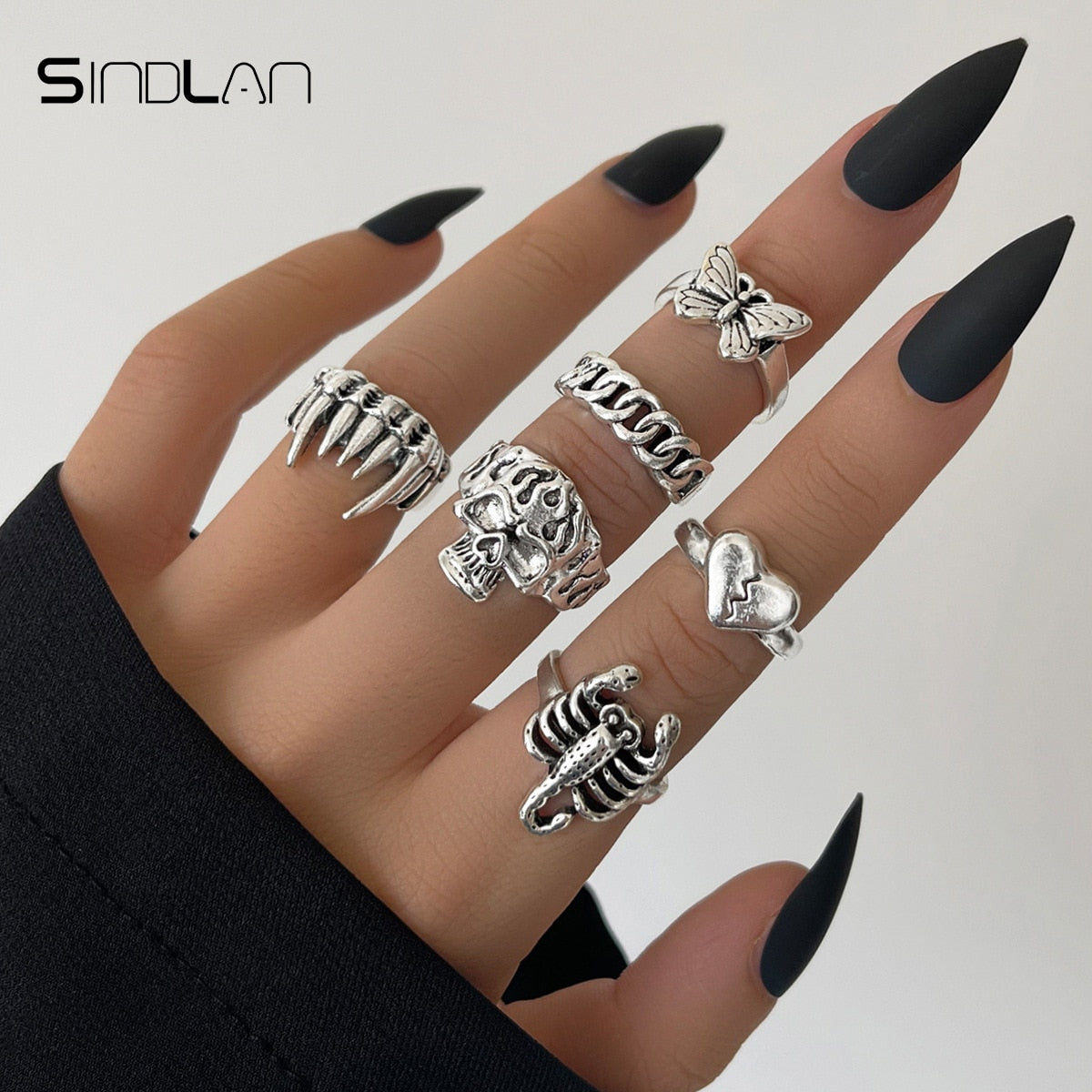 Sindlan Gothic Silver Color Grimace Finger Rings Set for Women Punk Stranger Things Grunge Butterfly Female Emo Jewelry Anillos