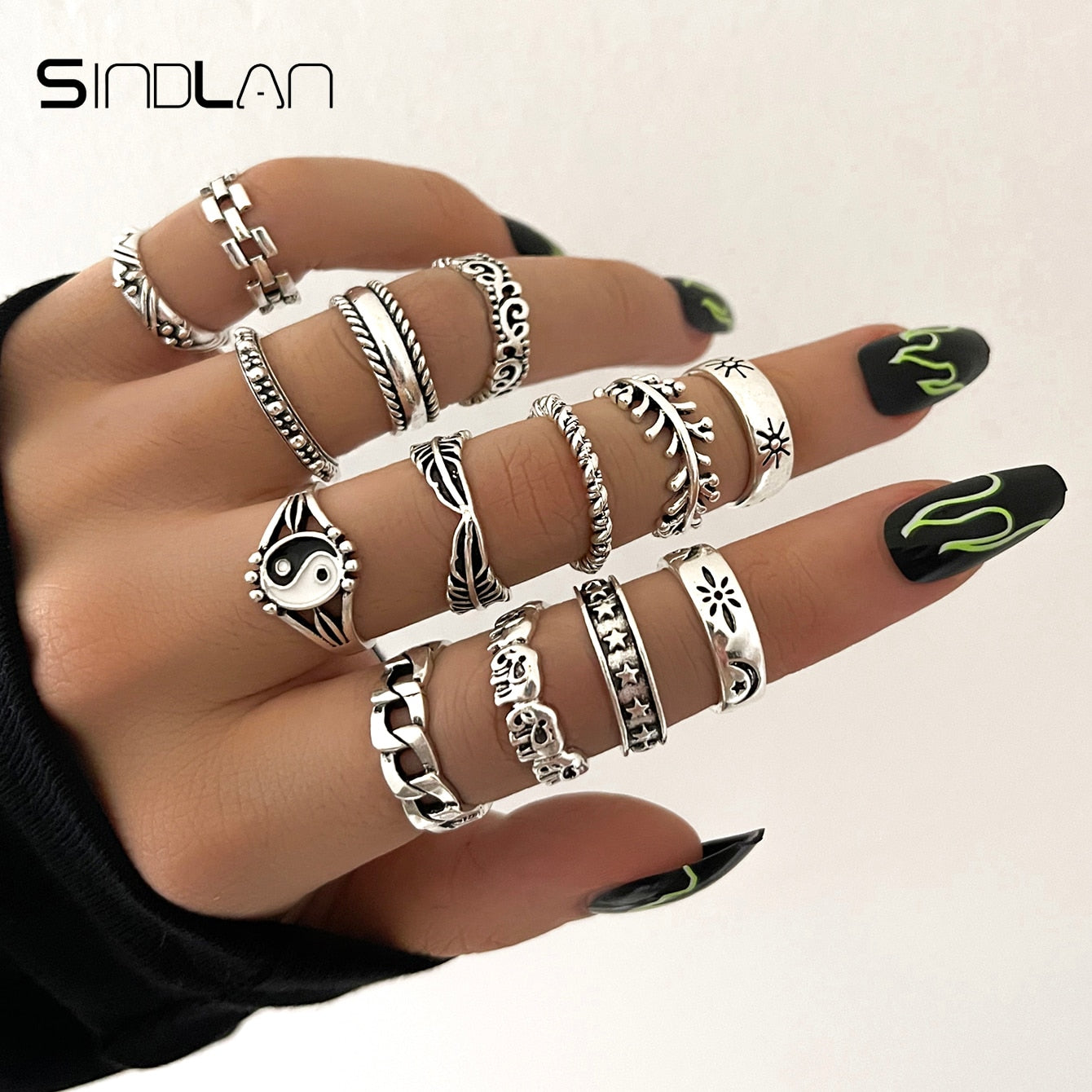 Sindlan Gothic Silver Color Grimace Finger Rings Set for Women Punk Stranger Things Grunge Butterfly Female Emo Jewelry Anillos