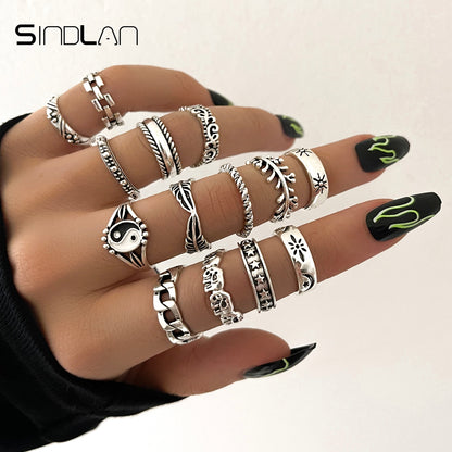 Sindlan Gothic Silver Color Grimace Finger Rings Set for Women Punk Stranger Things Grunge Butterfly Female Emo Jewelry Anillos