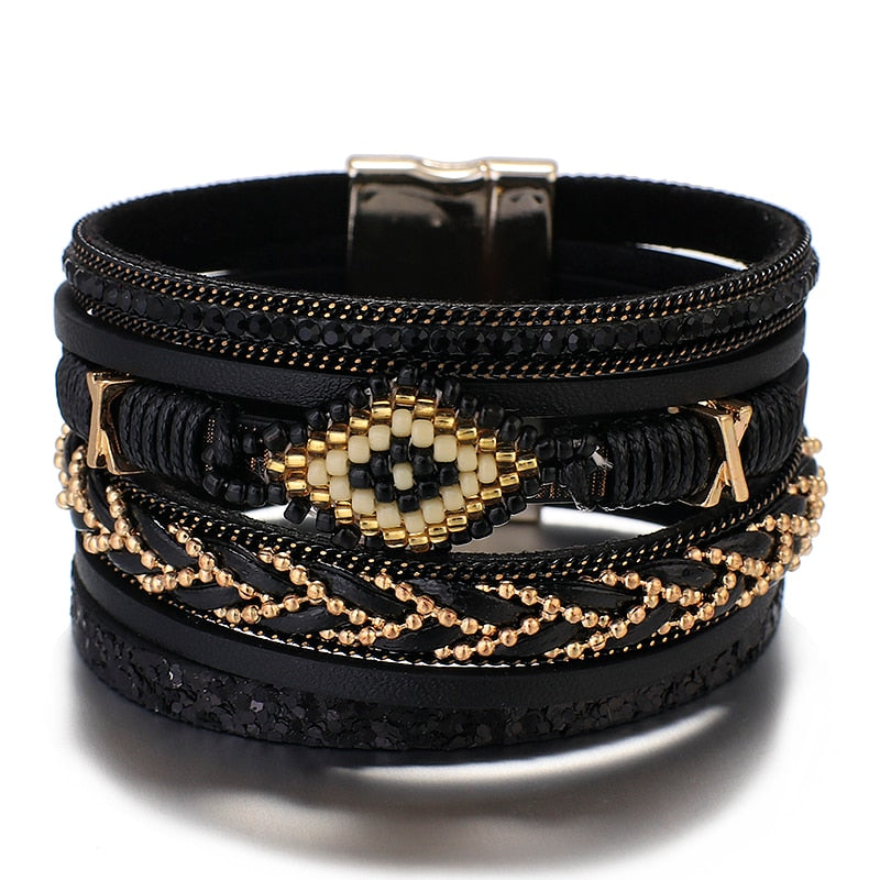 ALLYES MIYUKI Beads Evil Eye Wrap Bracelet for Women Fashion Multilayer Leather Bracelet Rhinestone Handmade Female Jewelry