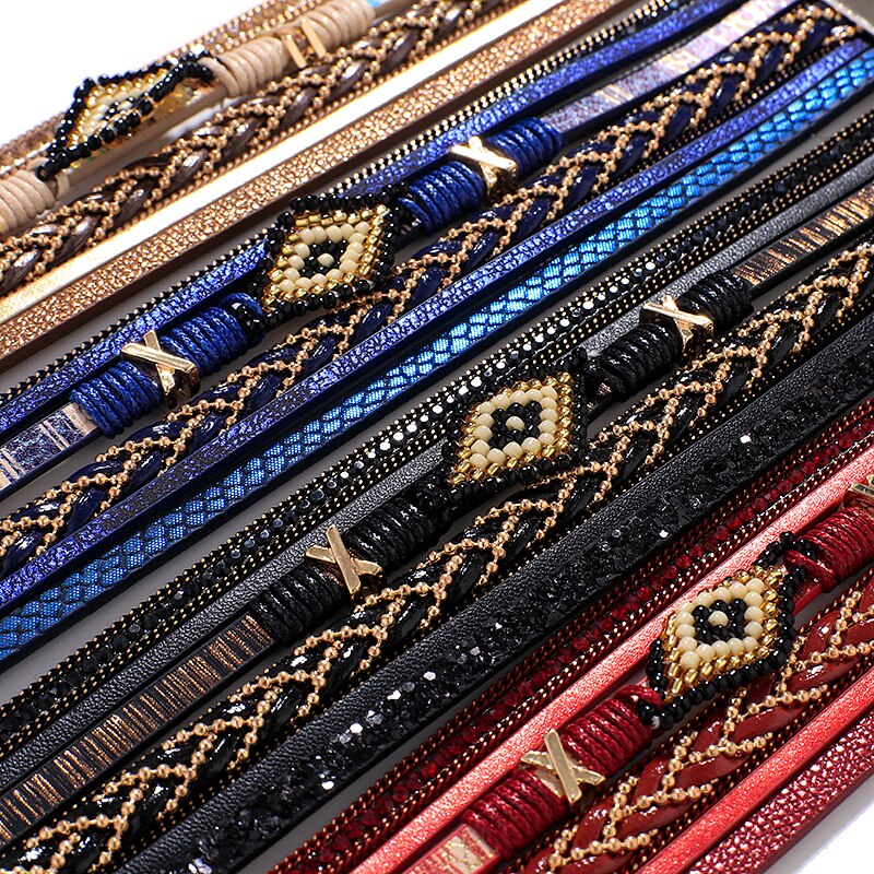 ALLYES MIYUKI Beads Evil Eye Wrap Bracelet for Women Fashion Multilayer Leather Bracelet Rhinestone Handmade Female Jewelry