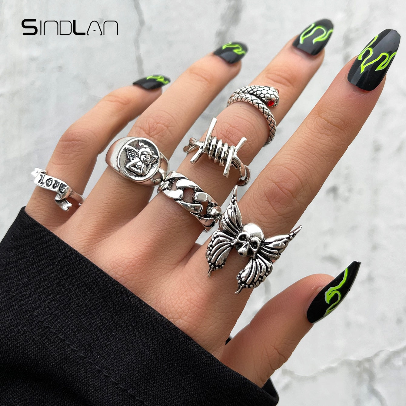 Sindlan Gothic Silver Color Grimace Finger Rings Set for Women Punk Stranger Things Grunge Butterfly Female Emo Jewelry Anillos