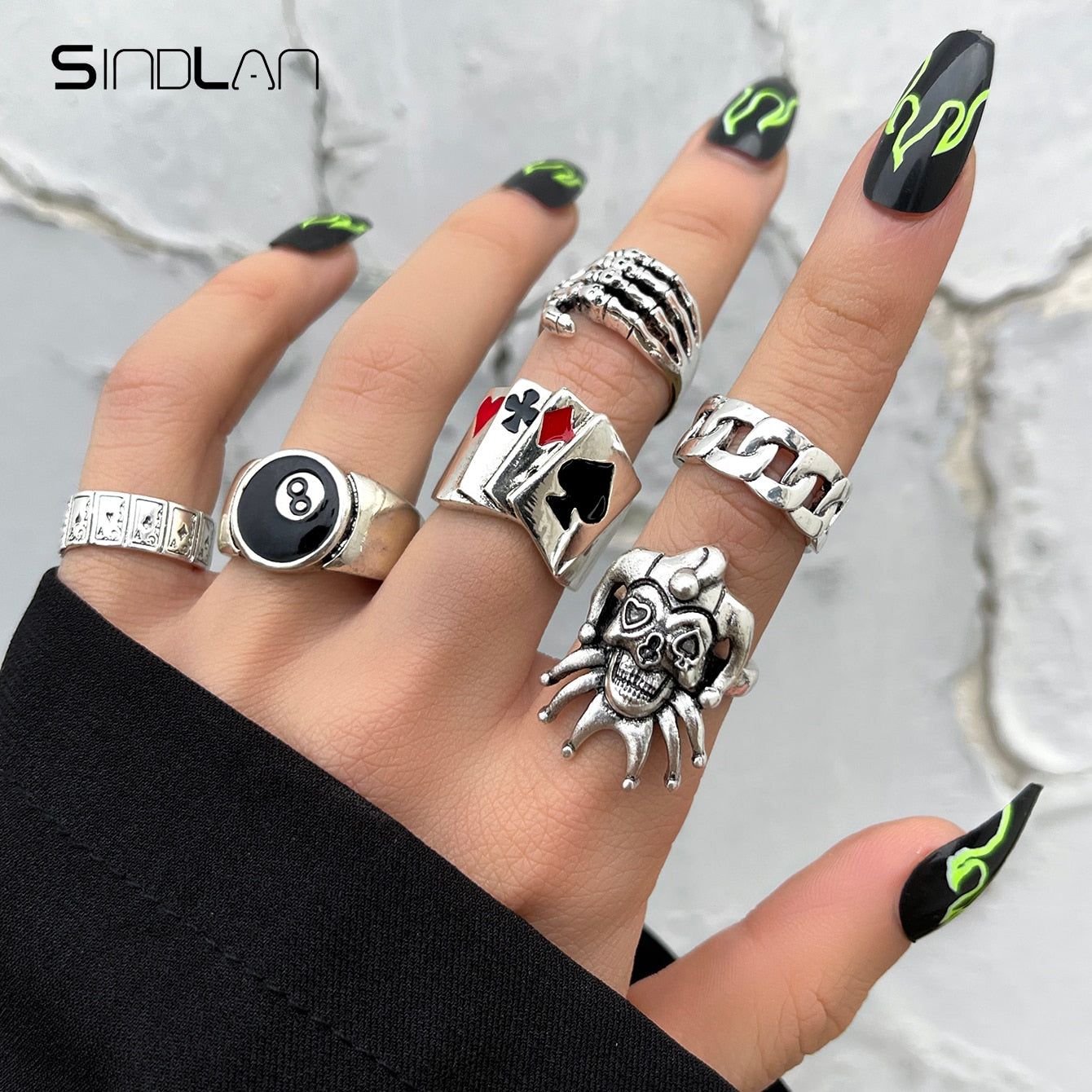 Sindlan Gothic Silver Color Grimace Finger Rings Set for Women Punk Stranger Things Grunge Butterfly Female Emo Jewelry Anillos