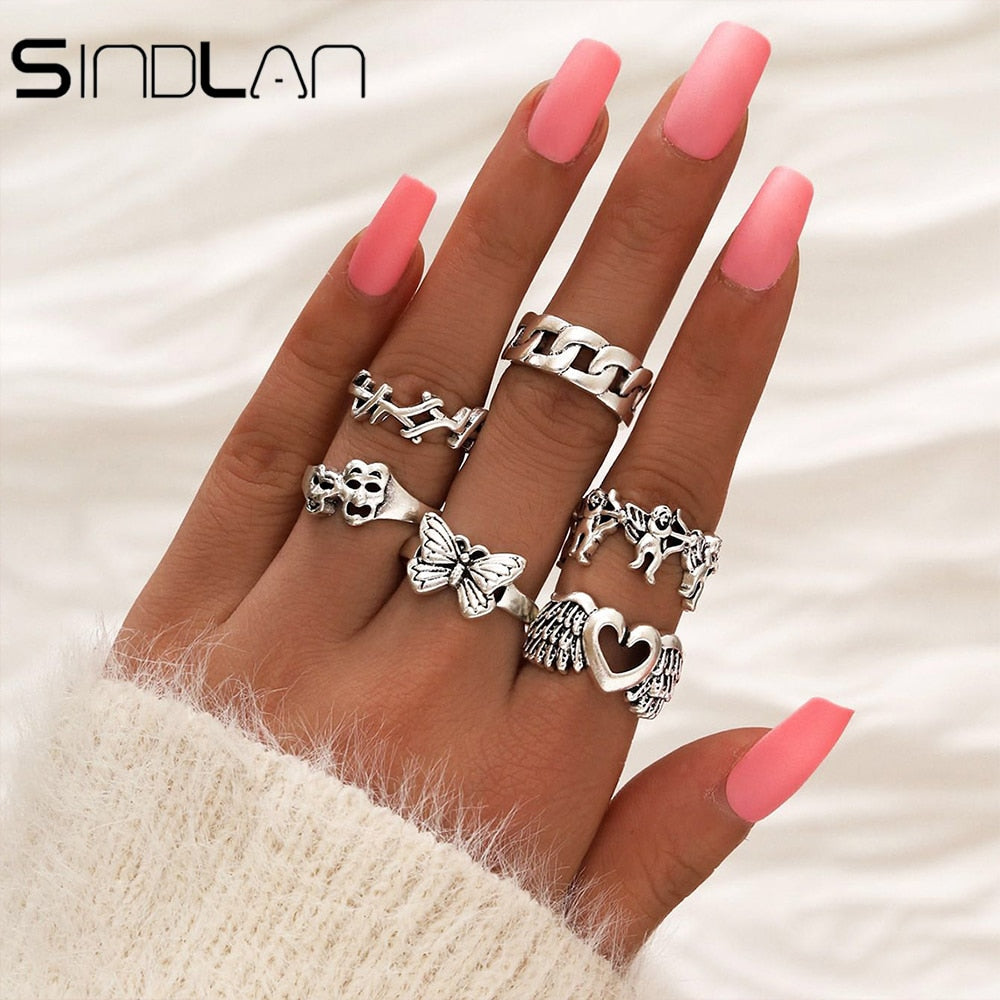 Sindlan Gothic Silver Color Grimace Finger Rings Set for Women Punk Stranger Things Grunge Butterfly Female Emo Jewelry Anillos