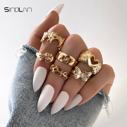 Sindlan Gothic Silver Color Grimace Finger Rings Set for Women Punk Stranger Things Grunge Butterfly Female Emo Jewelry Anillos