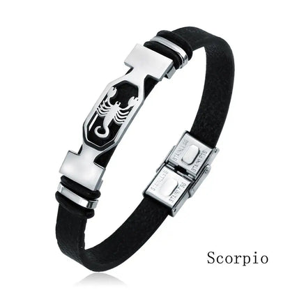 Stainless Steel 12 Constellation Bracelets Zodiac Black Leather Couple Bracelet for Men and Women Jewelry Pulseras Hombre