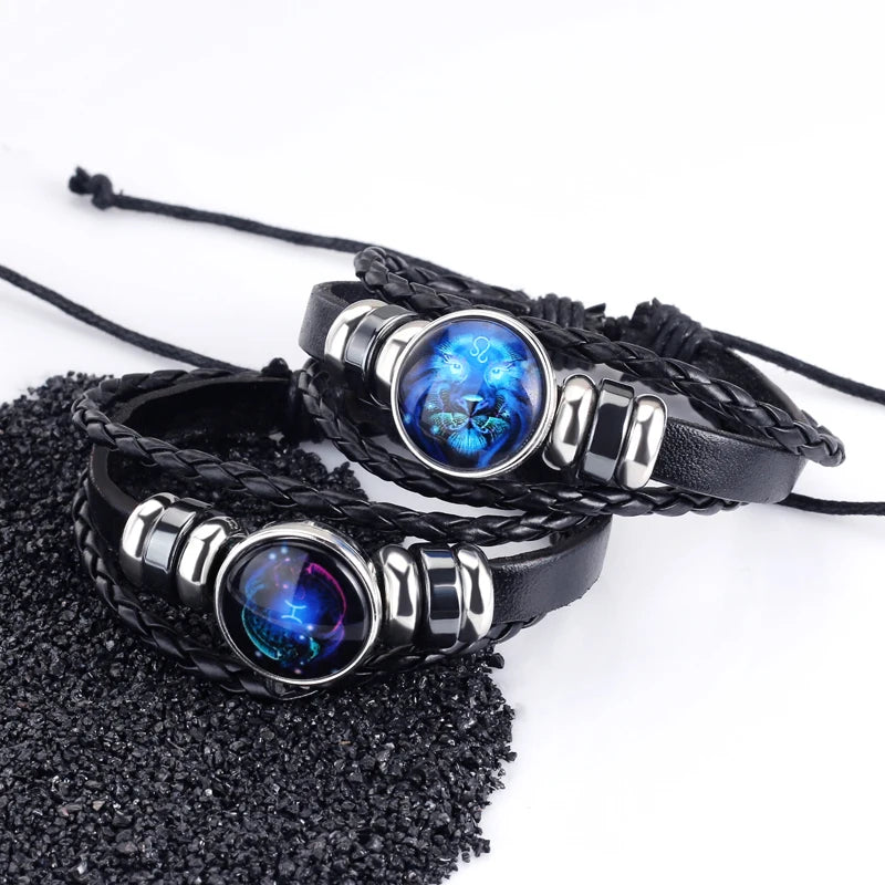 12 Zodiac Signs Constellation Charm Bracelet Men's Women's Fashion Multi-layer Woven Leather Punk Couple Bracelet Gift Accessory