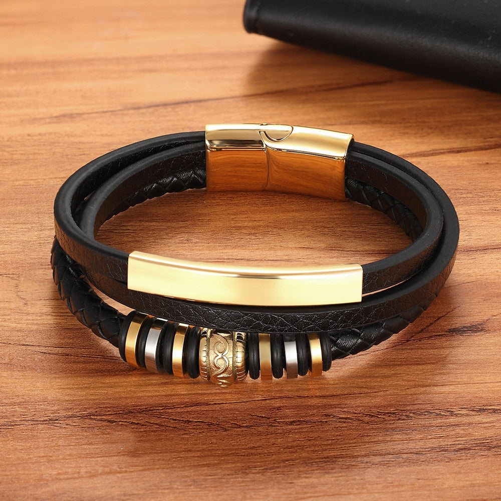 XQNI Fashion Promotion Multi-layer Leather Stainless Steel Metal Luxury Men&#39;s Leather Bracelet Accessories For New Year&#39;s Gift