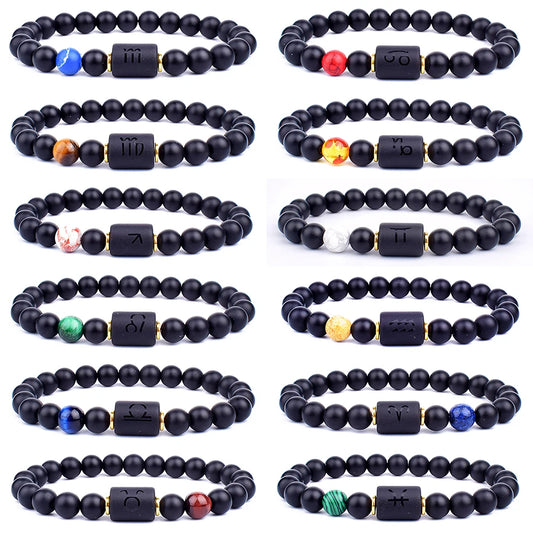 12 Constellation Zodiac Signs Beads Couples Bracelet Natural Black Onyx Stone Elastic Charm Bracelet for Women Men Birthday Gift