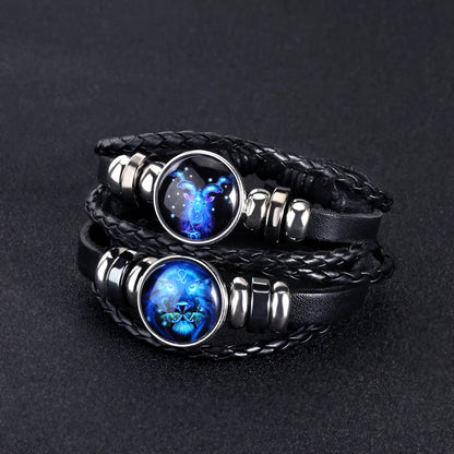 12 Zodiac Signs Constellation Charm Bracelet Men's Women's Fashion Multi-layer Woven Leather Punk Couple Bracelet Gift Accessory