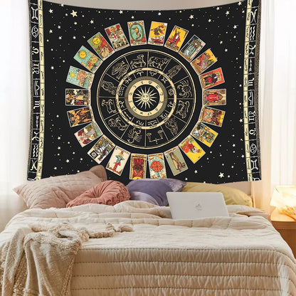 Mandala Tarot Card Tapestry Wheel of the Zodiac Astrology Chart &amp; the Major Arcana Tarot  Sun and Moon  Wall Hanging Home Decor