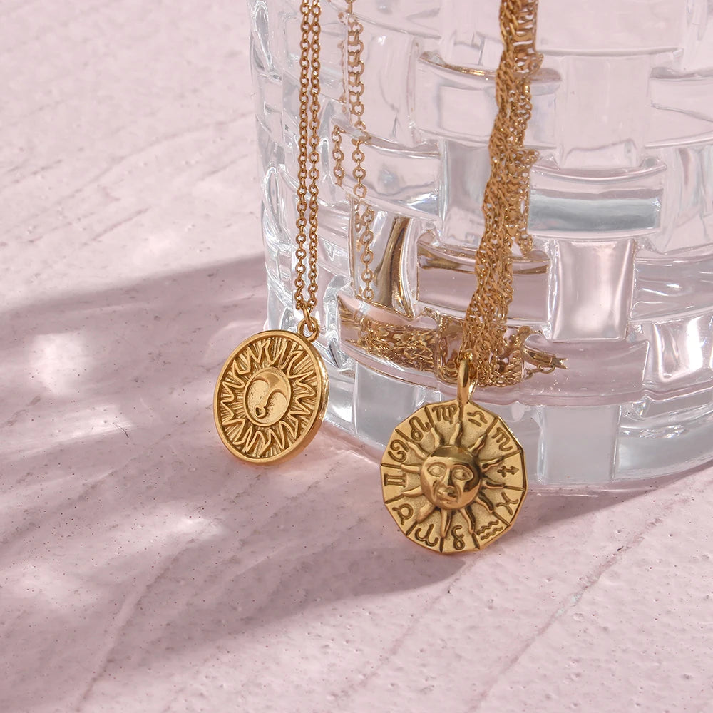 E.B.belle Creative Design Casting Stereoscopic Coin Necklace Stainless Steel Gold Color 12 Zodiac Sign Sun Necklace For Women