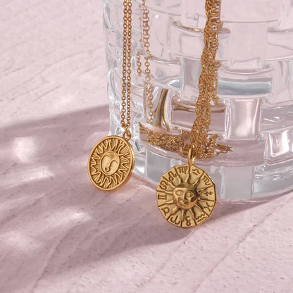 E.B.belle Creative Design Casting Stereoscopic Coin Necklace Stainless Steel Gold Color 12 Zodiac Sign Sun Necklace For Women