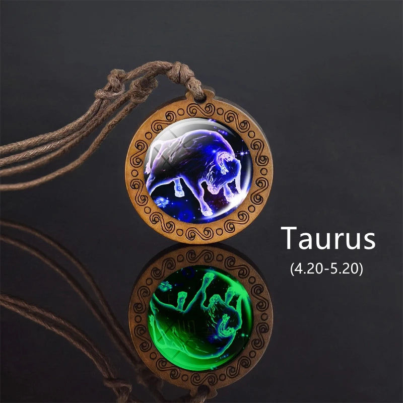 12 Constellation Necklace Glowing In The Dark Zodiac Signs Glass Pendant Rope Chain Wooden Necklace Luminous Jewelry