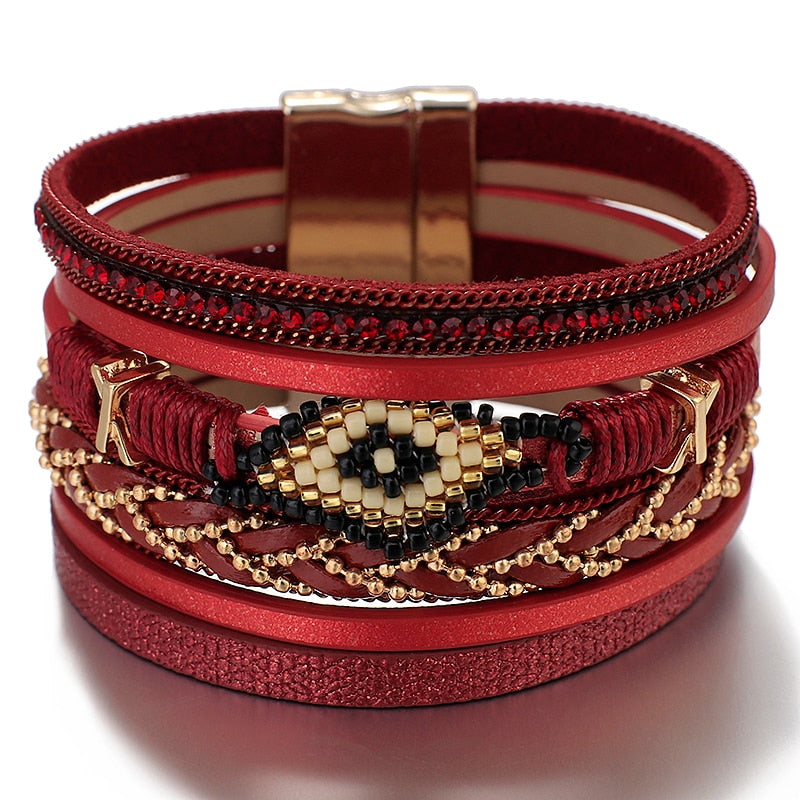 ALLYES MIYUKI Beads Evil Eye Wrap Bracelet for Women Fashion Multilayer Leather Bracelet Rhinestone Handmade Female Jewelry