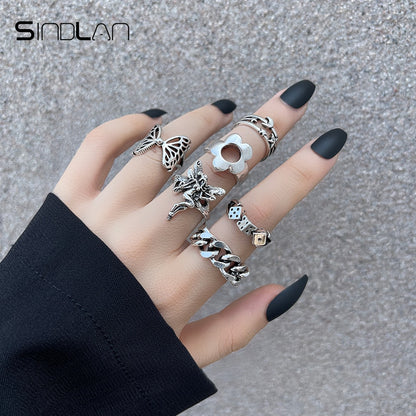 Sindlan Gothic Silver Color Grimace Finger Rings Set for Women Punk Stranger Things Grunge Butterfly Female Emo Jewelry Anillos