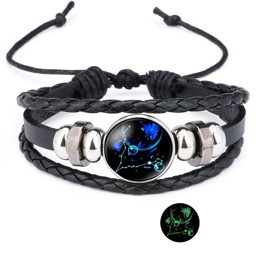 Glow in The Dark 12 Constellations Leather Rope Bracelet For Women Men Luminous Zodiac Sign Charm Bangle Punk Jewelry Gift