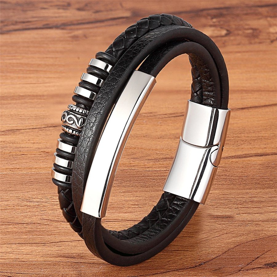 XQNI Fashion Promotion Multi-layer Leather Stainless Steel Metal Luxury Men&#39;s Leather Bracelet Accessories For New Year&#39;s Gift