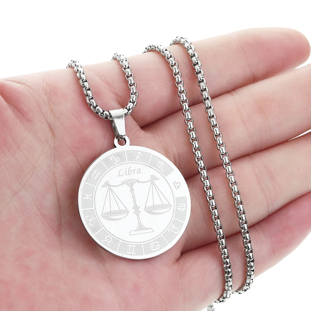 Stainless Steel Zodiac Sign Necklace For Women Men 12 Constellation Libra Symbol Pendant Necklace Amulet Collar