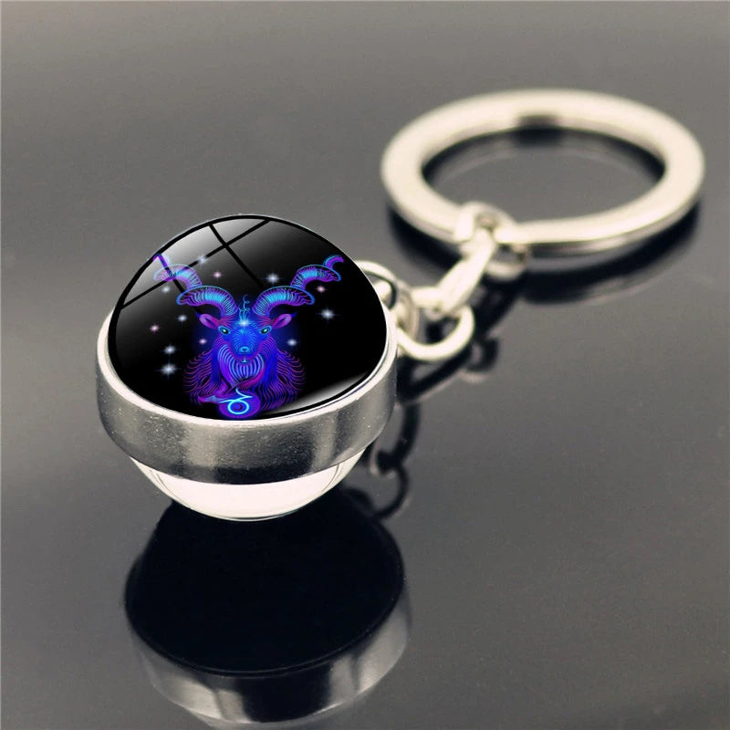 Fashion 12 Constellation Keychain Double Side Glass Cabochon Ball Keychain Zodiac Signs Key Rings Jewelry for Women Men Gift