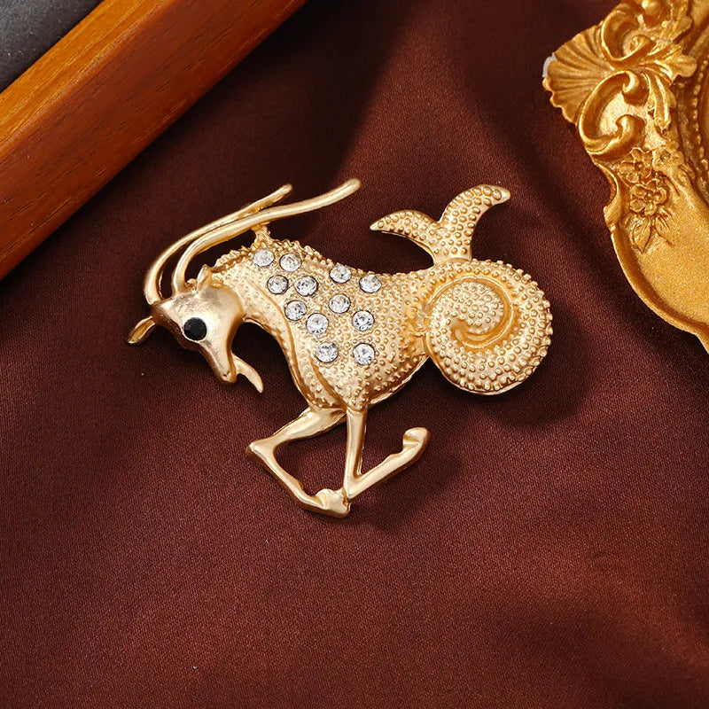 New Creative Matte Gold Color Zodiac Brooch Women Simple Rhinestone Animal Badges Men Suit Pins Accessories Party Festival Gift