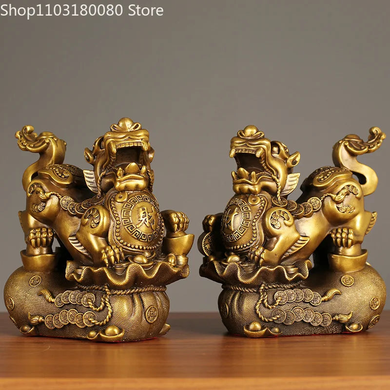 Copper Brass Caifu Pixiu Statue Decor Chinese Home Office Lucky Feng Shui Decoration Large