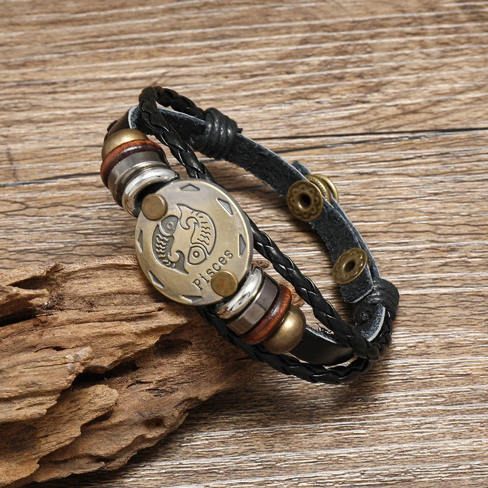 12 Horoscope Leather Bracelet for Women Man Vintage Retro Charm Male Bracelets Jewelry Gifts Pulseras Hombre Pulseras De Mujer