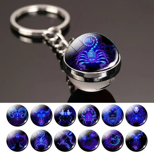 12 Constellation Key Chain Luminous Double Sided Glass Ball Pendant 12 Zodiac Key Chain Fashion Birthday Gift for Men and Women
