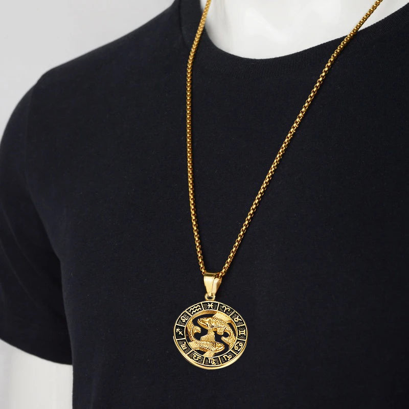 Zodiac Sign Leo Scorpio Pendant Necklace for Women/Men Gold Color Stainless Steel Round 12 Constellation Necklaces Dropshipping