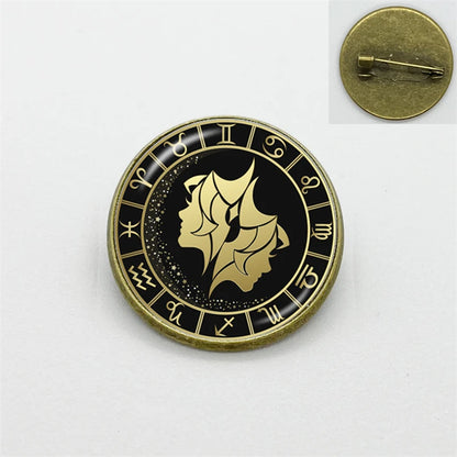 New Fashion Taurus Leo Pisces Zodiac Signs Collar Pins Glass Dome Zodiac Sign Lapel Pin Clothing Badge Pin Gift