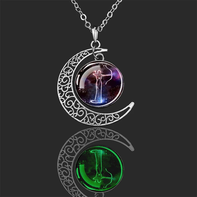 Luminous 12 Constellation Pendants Glass Dome Crescent Pendant Necklace Men Women Glow in The Dark Zodiac Sign Birthday Jewelry
