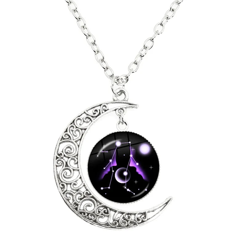 Aries/Taurus/Gemini/cancer/LEO/Virgo/Libra/Scorpio Zodiac Signs Crescent Moon Necklace 12 Constellations Jewelry for Birthday