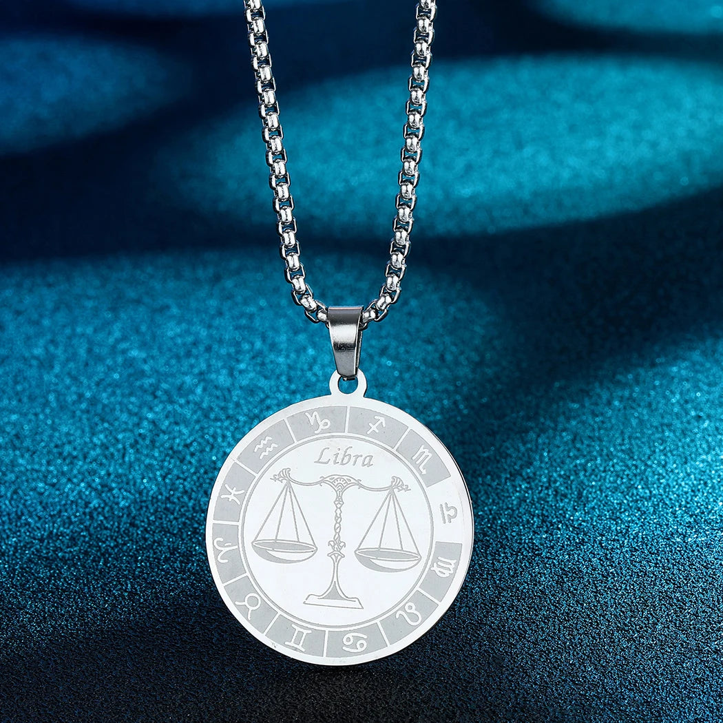 Stainless Steel Zodiac Sign Necklace For Women Men 12 Constellation Libra Symbol Pendant Necklace Amulet Collar Men Jewelry Gift