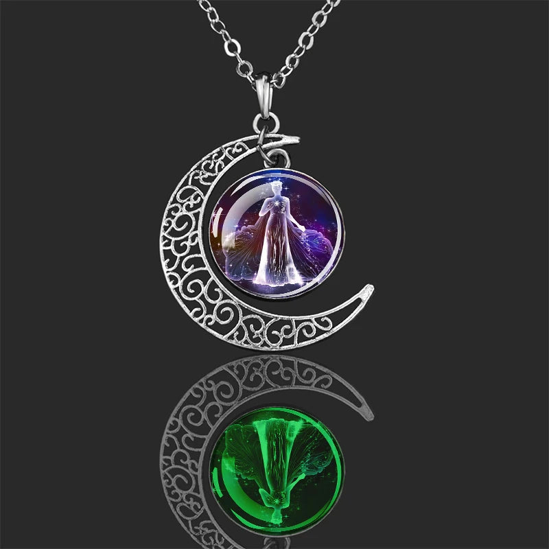 Luminous 12 Constellation Pendants Glass Dome Crescent Pendant Necklace Men Women Glow in The Dark Zodiac Sign Birthday Jewelry