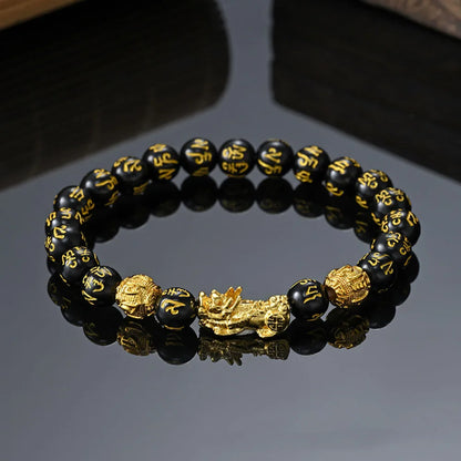 FengShui Wealth And Luck Bracelet, Feng Shui Black Obsidian Pixiu Wealth Bracelet Prosperity Buddha Beads Elastic Bracelet