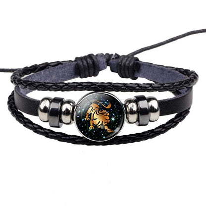 12 Constellation Leather Bracelet Zodiac Sign Handmade Glass Cabochon Black Punk Mens Jewelry Horoscope Astrology Birthday Gift