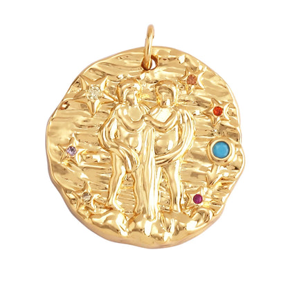 Trendy Zodiac Horoscope Sign Medallion Charm Pendant,Round Coin Gold Plated Sparkle Necklace Bracelet Jewelry Making Supply L92