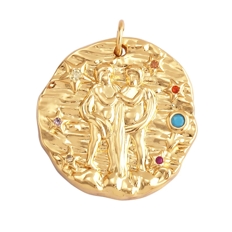 Trendy Zodiac Horoscope Sign Medallion Charm Pendant,Round Coin Gold Plated Sparkle Necklace Bracelet Jewelry Making Supply L92