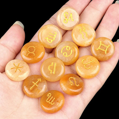 Natural Crystal Horoscope Symbols Engraved Stones (Set of 12) for Reiki Healing Meditation Balancing Gemstone Pocket Stone Gifts