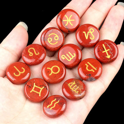 Natural Crystal Horoscope Symbols Engraved Stones (Set of 12) for Reiki Healing Meditation Balancing Gemstone Pocket Stone Gifts