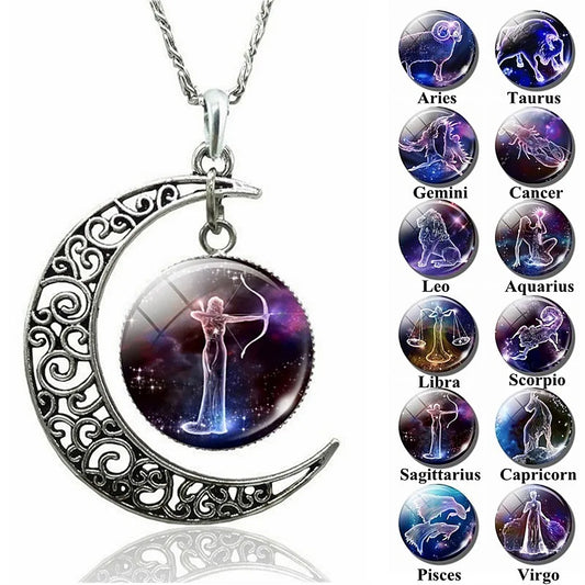 Luminous 12 Constellation Crescent Moon Pendant Necklace Galaxy Zodiac Astrology Horoscope Charm Necklaces For Women Men Girls