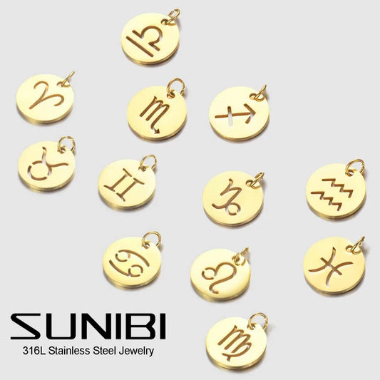 SUNIBI DIY Stainless Steel Disc Components 12 Zodiac Charms for Handmade Jewelry Making Designer Gold Plated Charms for Bracelet