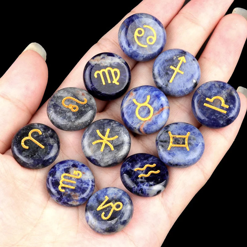 Natural Crystal Horoscope Symbols Engraved Stones (Set of 12) for Reiki Healing Meditation Balancing Gemstone Pocket Stone Gifts