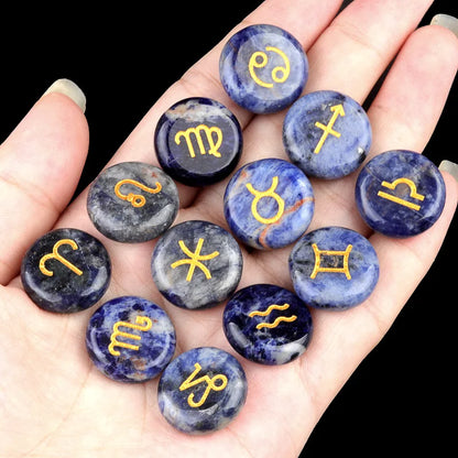 Natural Crystal Horoscope Symbols Engraved Stones (Set of 12) for Reiki Healing Meditation Balancing Gemstone Pocket Stone Gifts