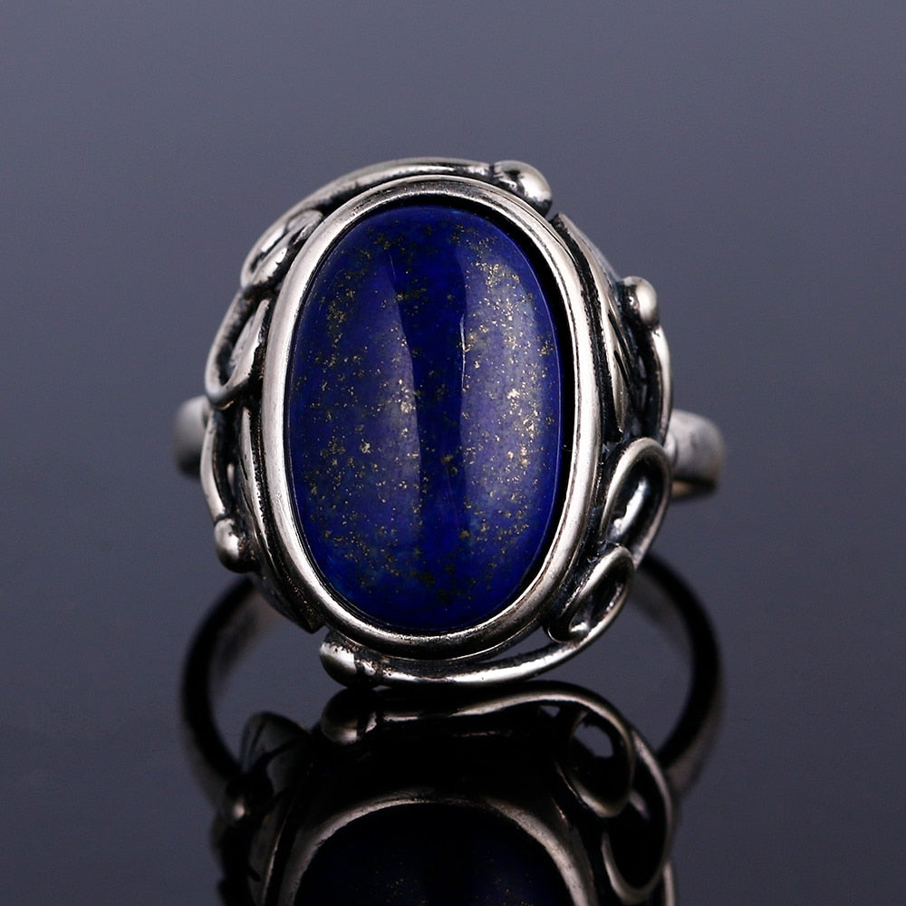 Silver Color Ring Natural Lapis Lazuli White Chalcedony Moonstone Ring Large Stone 11x17MM Oval Fashion jewelry for women