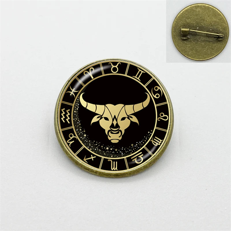 New Fashion Taurus Leo Pisces Zodiac Signs Collar Pins Glass Dome Zodiac Sign Lapel Pin Clothing Badge Pin Gift