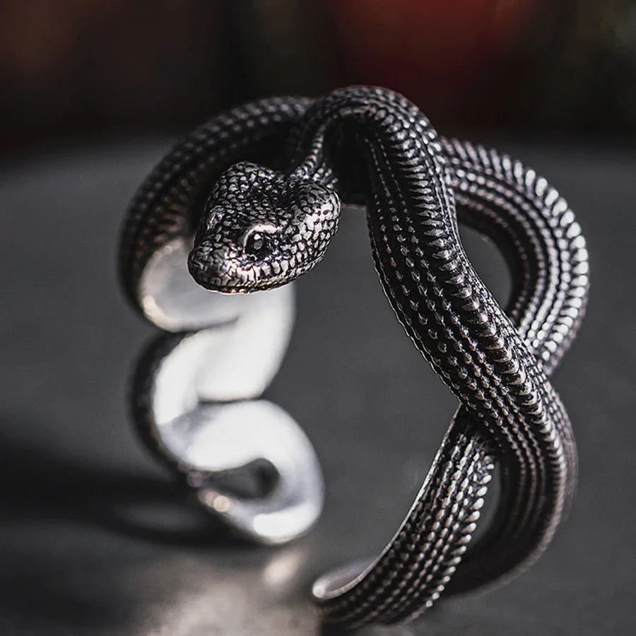 HX Silver Color Domineering Retro Zodiac Snake Handmade Men's Ring National Tide Necklace Pendant Jewelry Accessories