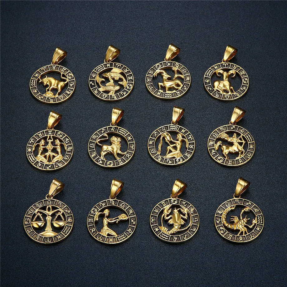 Zodiac Sign Leo Scorpio Pendant Necklace for Women/Men Gold Color Stainless Steel Round 12 Constellation Necklaces Dropshipping