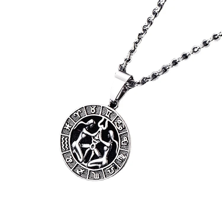 Round Design 12 Zodiac Sign Constellations Horoscope Stainless Steel Pendant Necklace Chains